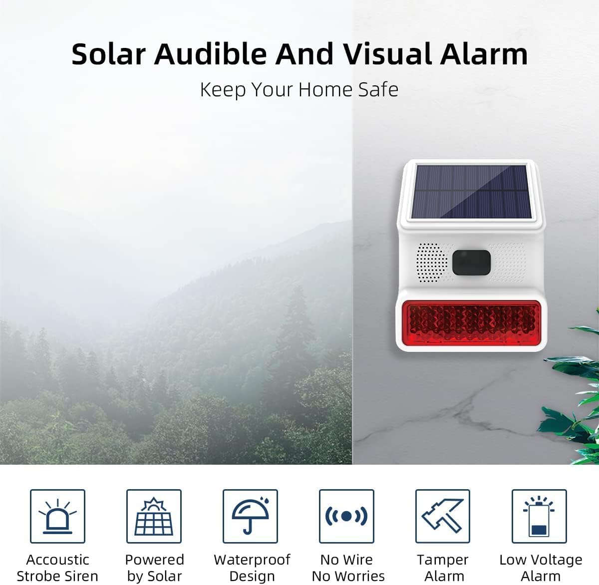 Sirena de alarma, sirena inalámbrica para exteriores de 433 MHz, sirena solar al aire libre con función de luz intermitente LED, soporte de alarma