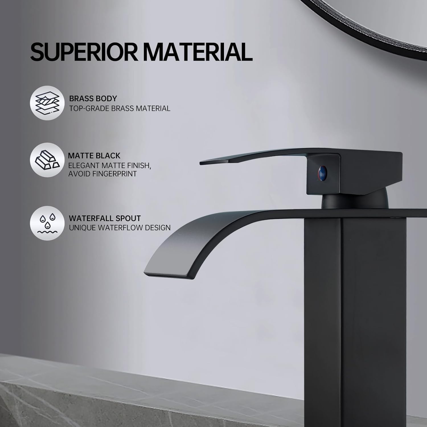 Grifos de baño para fregadero de 3 agujeros, grifo de baño de cascada negro mate, grifo de lavabo de baño a prueba de flecos con desbordamiento,