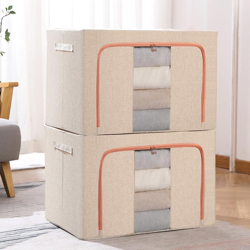 Caja de almacenamiento de ropa, juego organizador plegable de tela de lino con ventana transparente y asas de transporte con marco de metal, paquete
