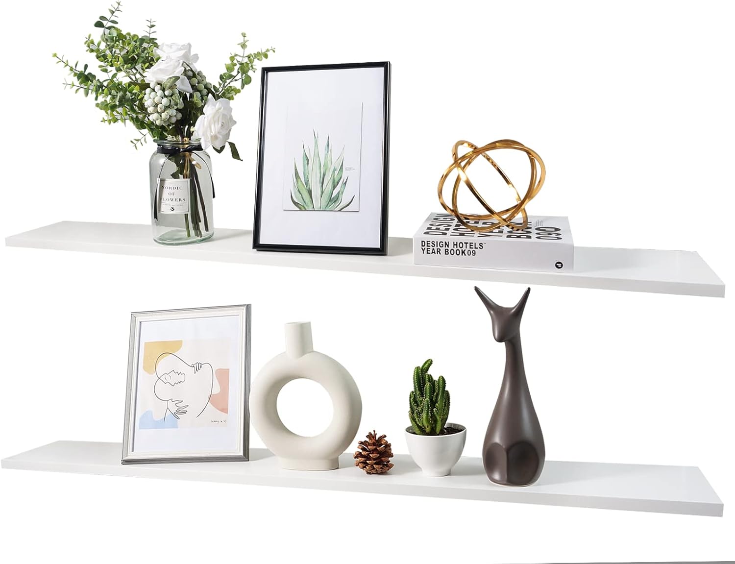 Estante flotante largo de 48 pulgadas blanco para pared, juego de 2, estante flotante de madera natural duradera para dormitorio y baño, fácil