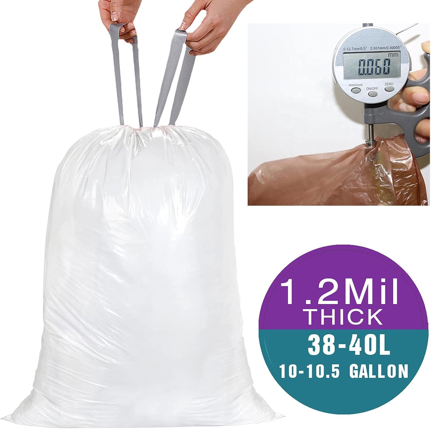 Code J (50 unidades) Bolsas de basura de plástico resistentes con cordón de 10-10.5 galones de 1.2 mil. Bolsas de basura con cordón blanco de