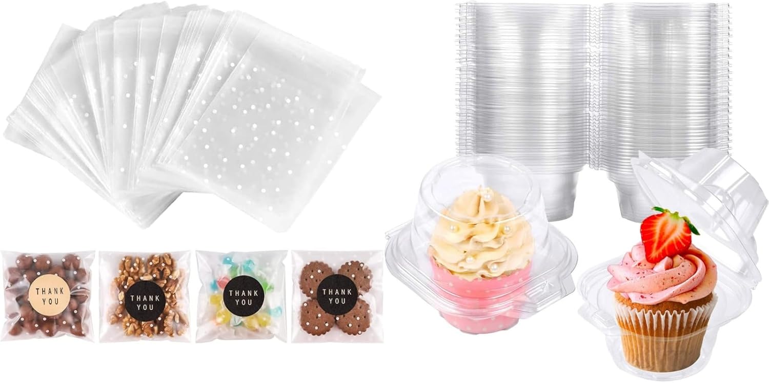 Paquete de 50 recipientes individuales para cupcakes y 100 bolsas de celofán autosellantes para regalar