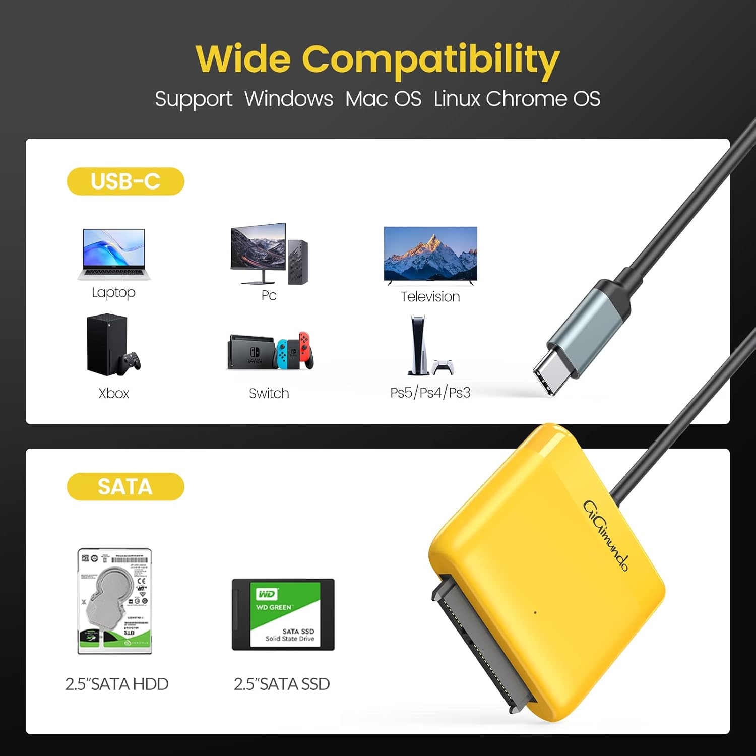 GiGimundo Adaptador SATA a USB 3.0, cable SATA a USB C de 1 pie para SSD y HDD de 2.5 pulgadas, convertidor externo para transferencia de datos