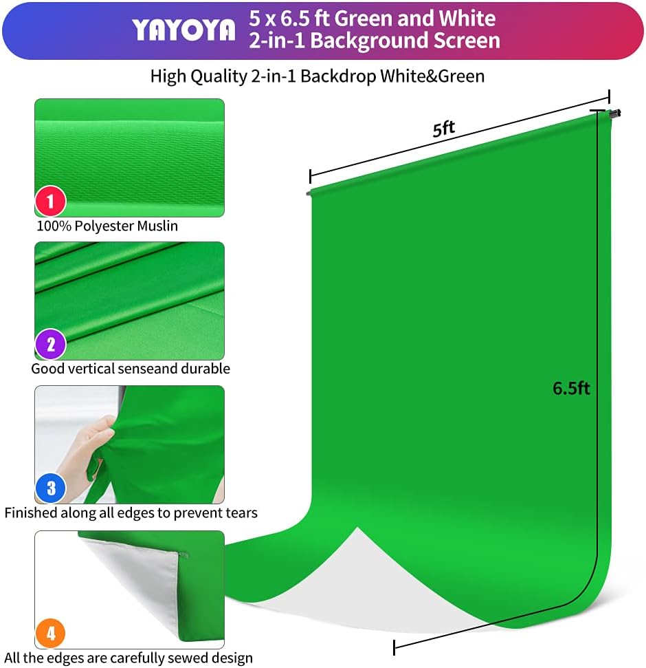 Kit de soporte para telón de fondo de pantalla verde blanco con pantalla verde Chromakey reversible de 5 x 6.5 pies 2 en 1, telón de fondo blanco y