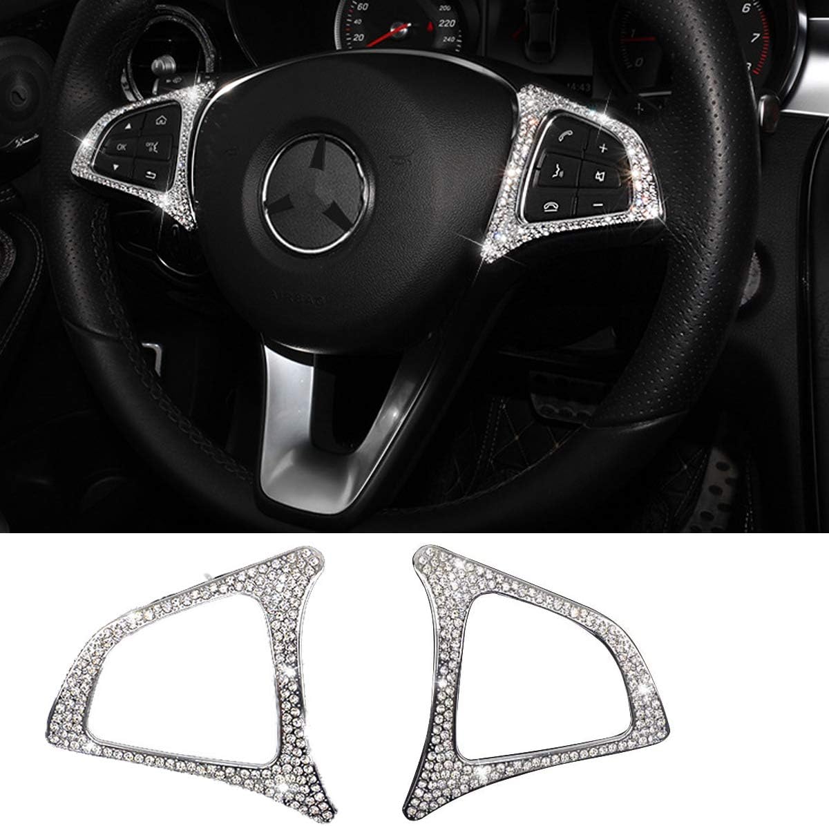 Bling Crystal Diamond Trim – Cubierta de marco de botón de volante para A B C E GLK GLA CLA Clase Interior Lentejuelas decorativas