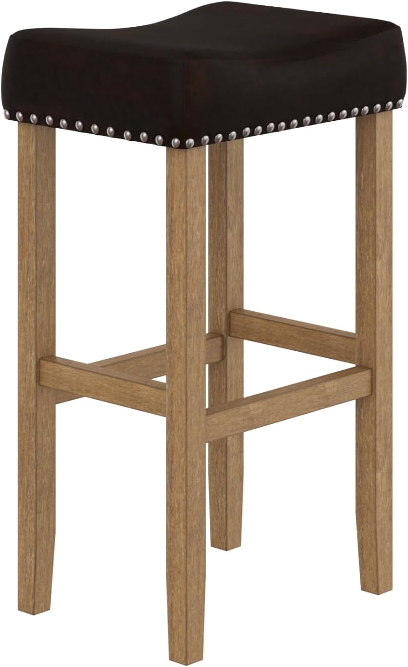Nathan James Hylie Taburete de bar de madera con tachuelas de tapicería, para cubierta de cocina, altura de pub, 29 pulgadas, marrón oscuromarrón