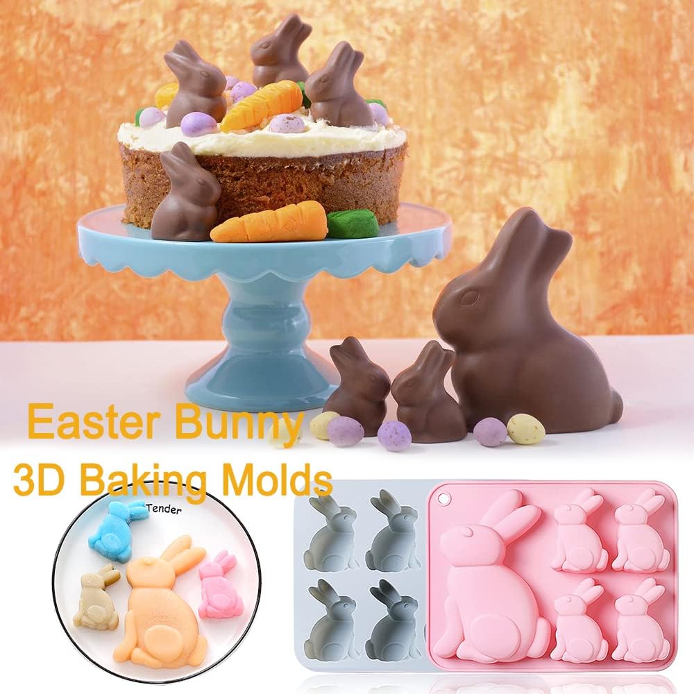 Juego de 2 moldes de chocolate con diseño de conejo de Pascua, molde de silicona 3D para hornear golosinas de Pascua, chocolate, pastel, gelatina,