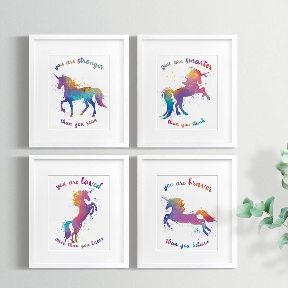CHIEN-CHI LILI SUUURA-OO – Juego de 4 impresiones artísticas de acuarela con palabras inspiradoras de unicornio (8 x 10 pulgadas), póster de