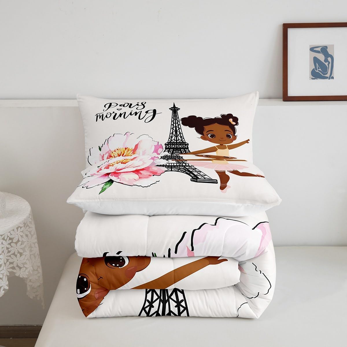 Juego de ropa de cama de la Torre Eiffel para niñas, elegante juego de edredón de París, lindo relleno de edredón negro de ballet para mujeres,