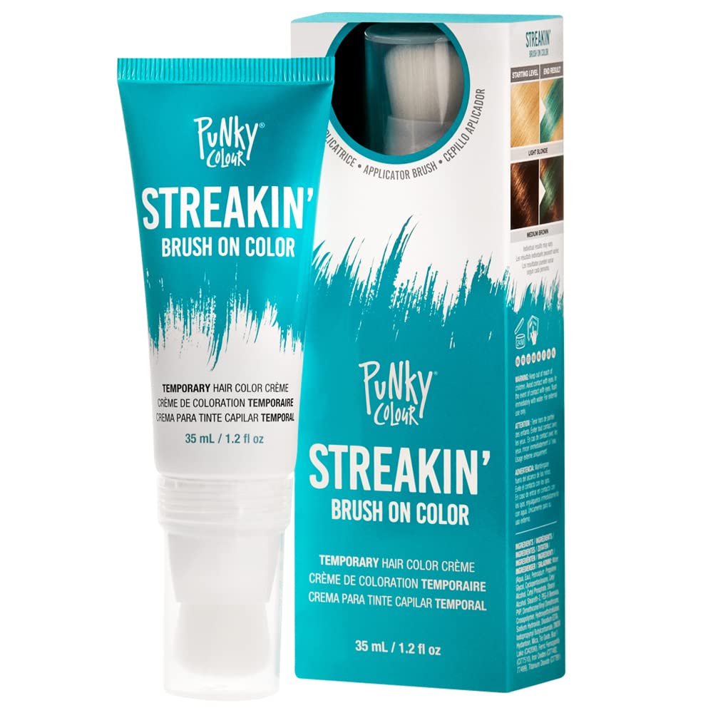 Punky Colour Streakin’ Brush on Color verde azulado, color crema temporal para el cabello, instantáneo, peinado de bricolaje, vibrante, agarre