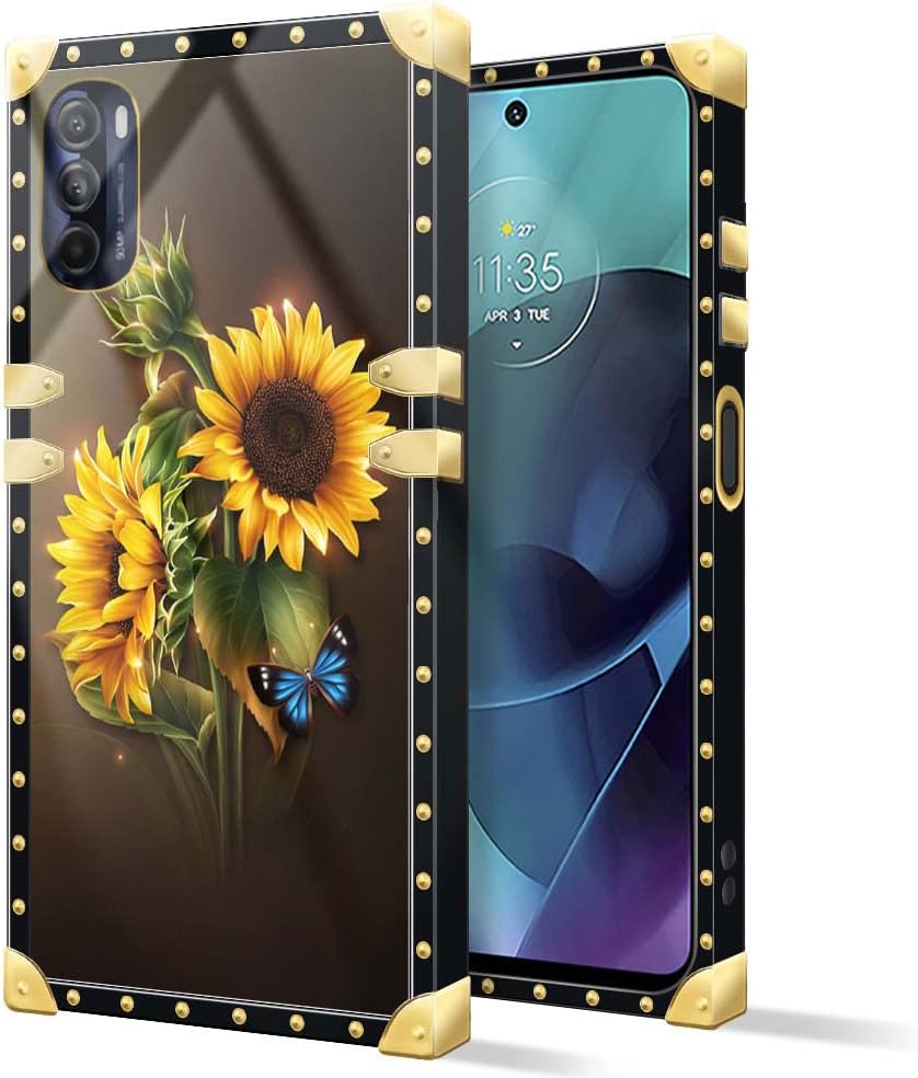 Funda para Motorola Moto G 5G 2022, diseño de girasoles de mariposa azul, 1 funda cuadrada para niñas y mujeres, funda decorativa de metal de lujo,
