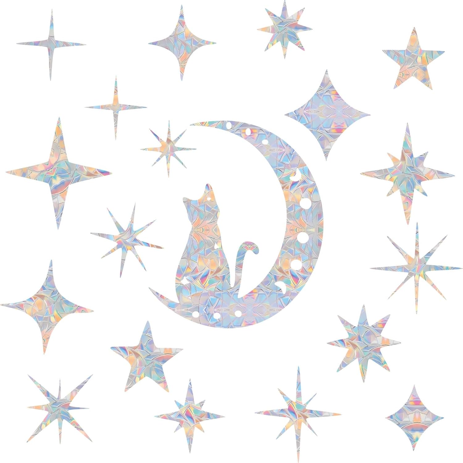 Shawula Cat Moon y 54 piezas de calcomanías de ventana de estrella  Calcomanías anticolisión para ventana para salvar a los pájaros de colisiones de