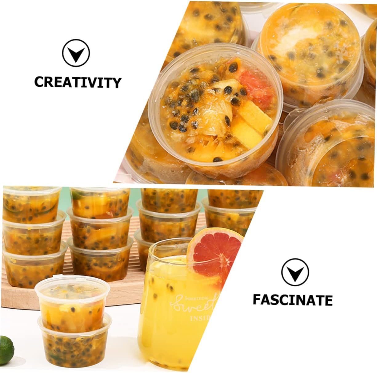 Caja de embalaje de fruta de la pasión, tazas de yogur, recipientes de salsa, tazas para cupcakes, accesorios de almuerzo para niños, contenedor de