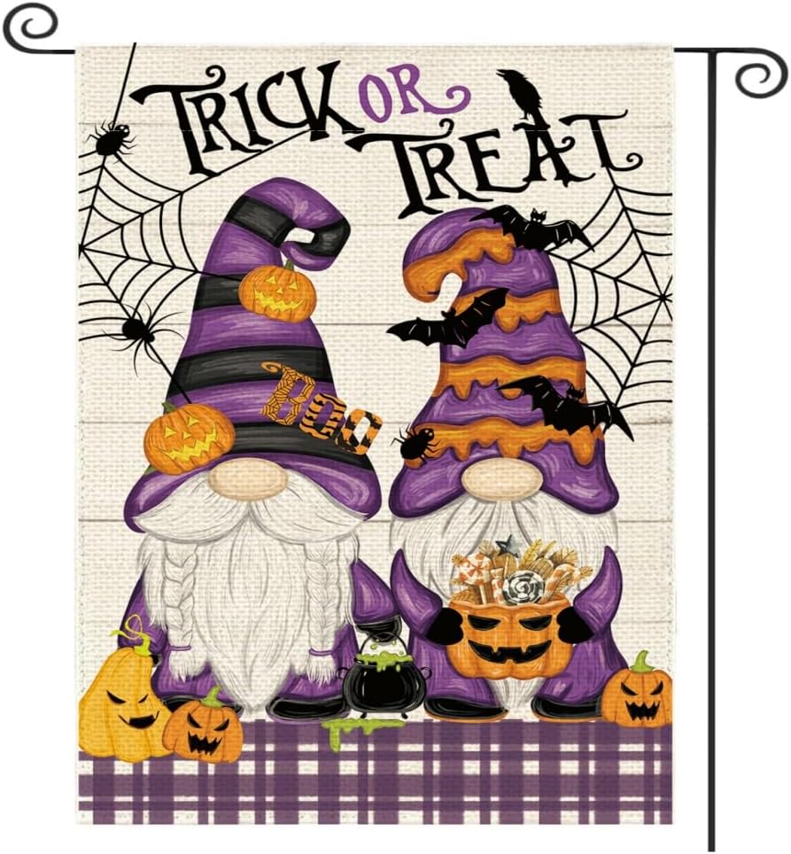 Bandera de jardín de gnomo de Halloween, bandera de jardín de truco o trato, decoración de Halloween para patio, decoración al aire libre, 12 x 18