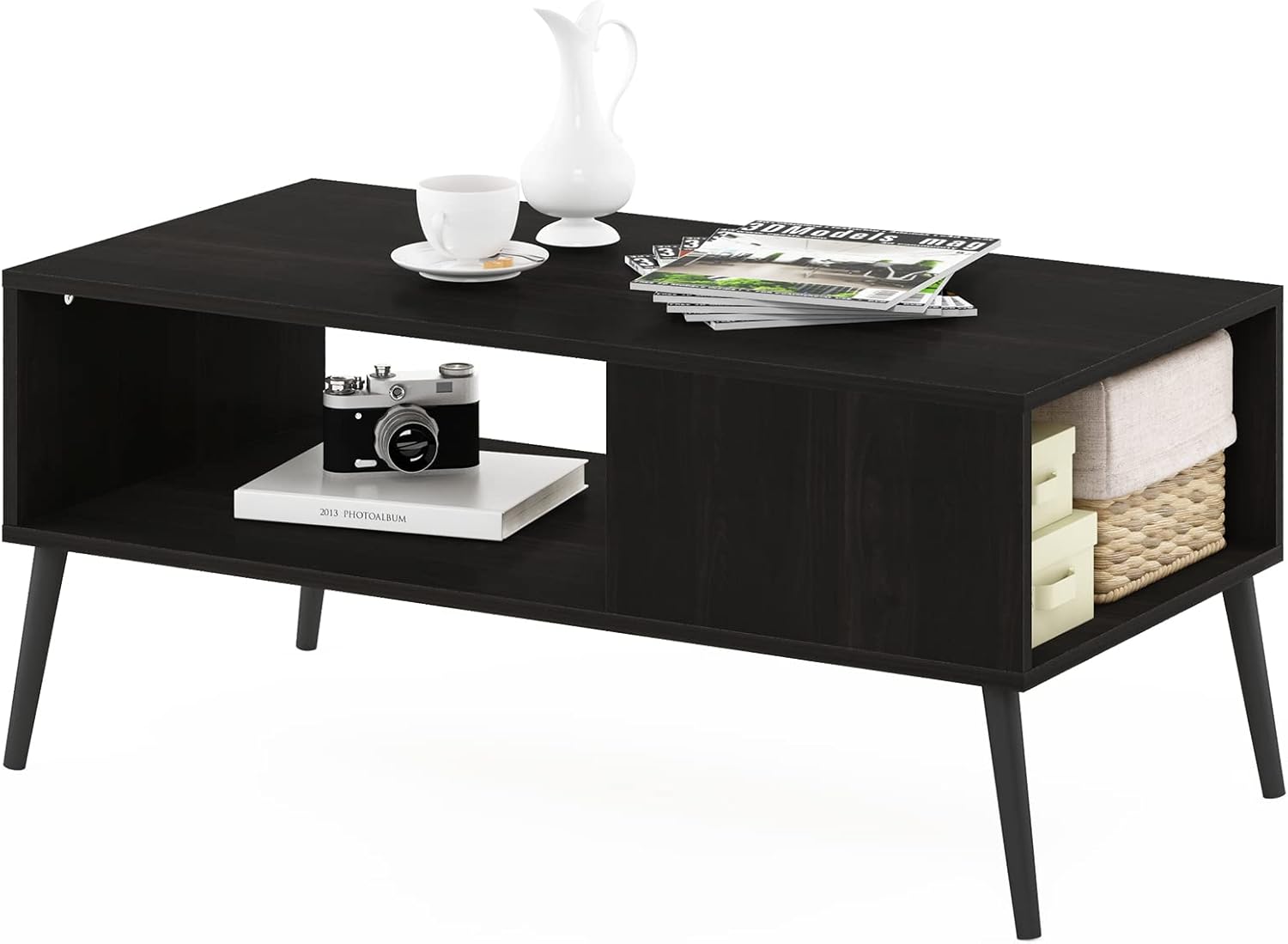 Furinno Claude – Mesa de centro estilo mediados de siglo con patas de madera, color espresso grande sin elevación