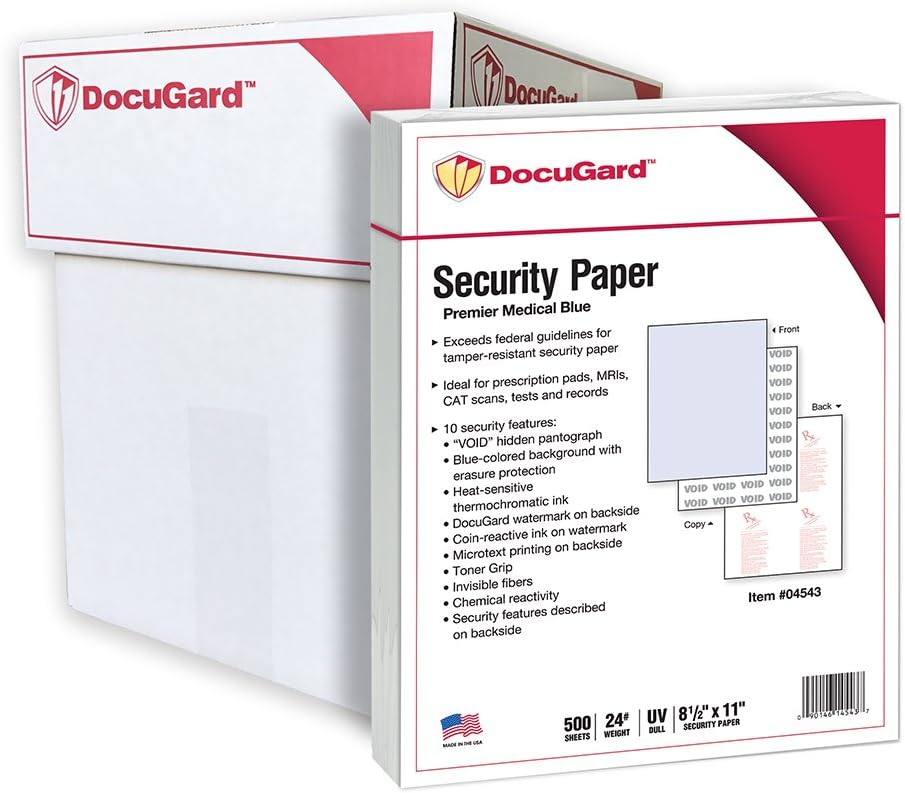 DocuGard Papel de seguridad médica Premier para impresión de recetas y prevención de fraudes, aprobado por CMS, 10 características de seguridad,