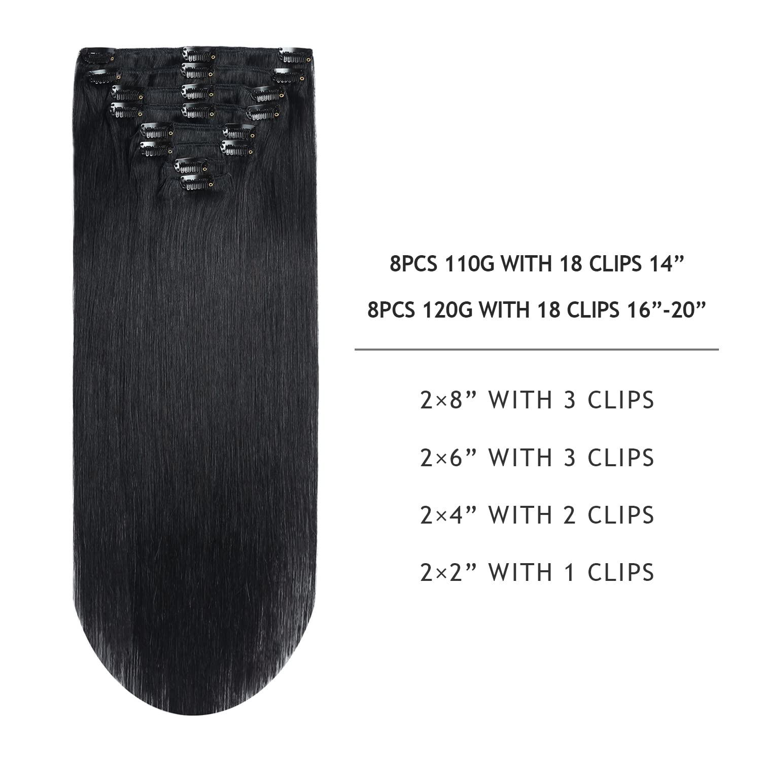 YILITE Extensiones de cabello con clip, color negro azabache, 100 % cabello humano real, 8 unidades por paquete, 3.53 oz, extensiones de cabello