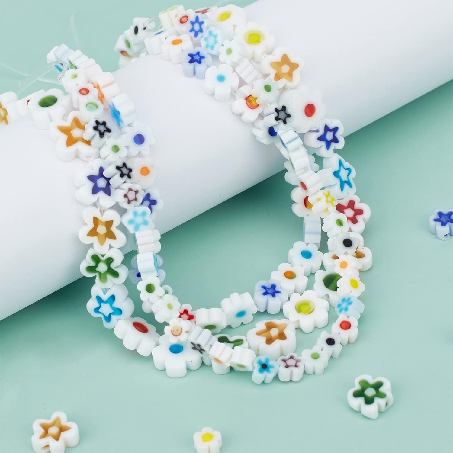 OLYCRAFT 236 cuentas de vidrio Millefiori hechas a mano, 3 estilos, cuentas de flores de vidrio blanco, cuentas de mosaico sueltas para joyería,