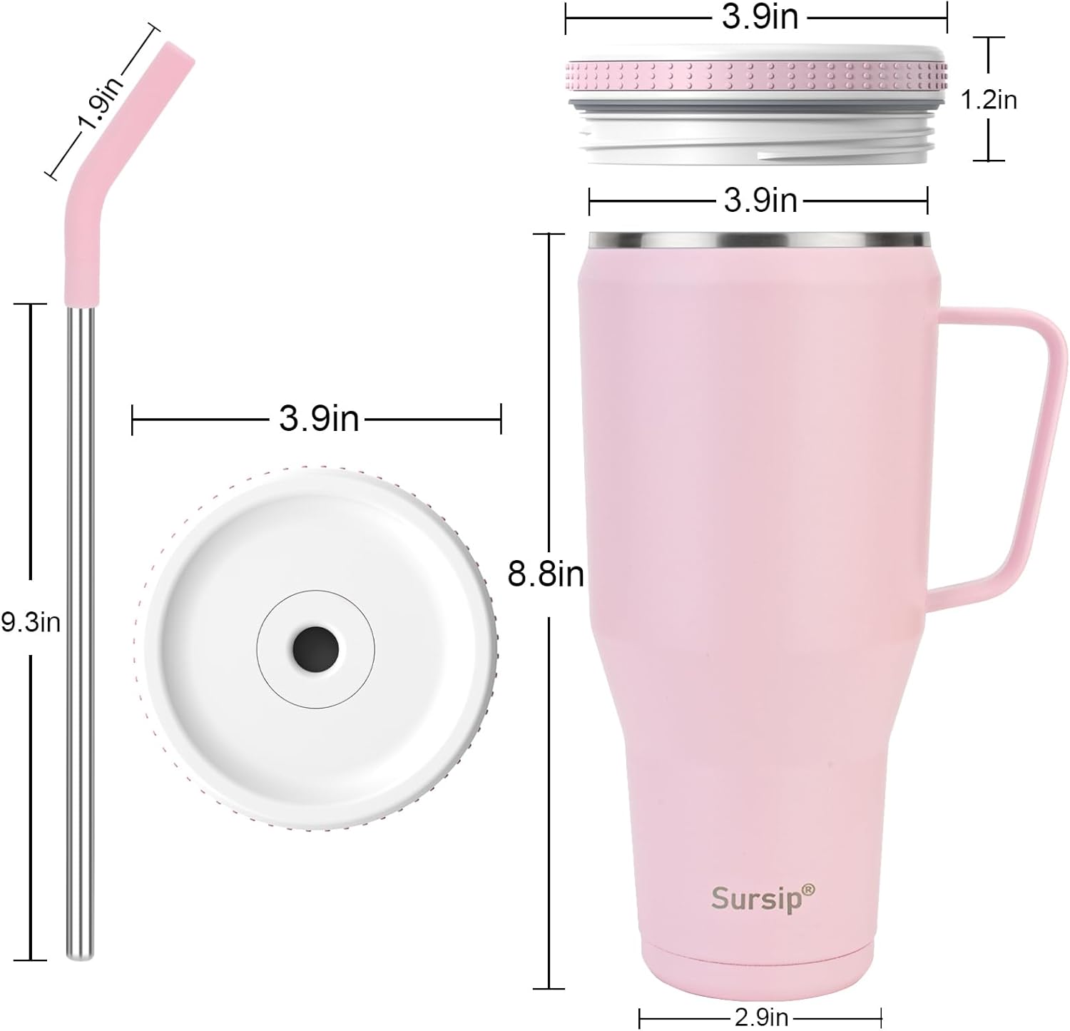 Sursip Vaso de 40 onzas con asa y tapa con pajilla, de acero inoxidable aislado al vacío, para café, viaje, mantiene las bebidas frías hasta 24