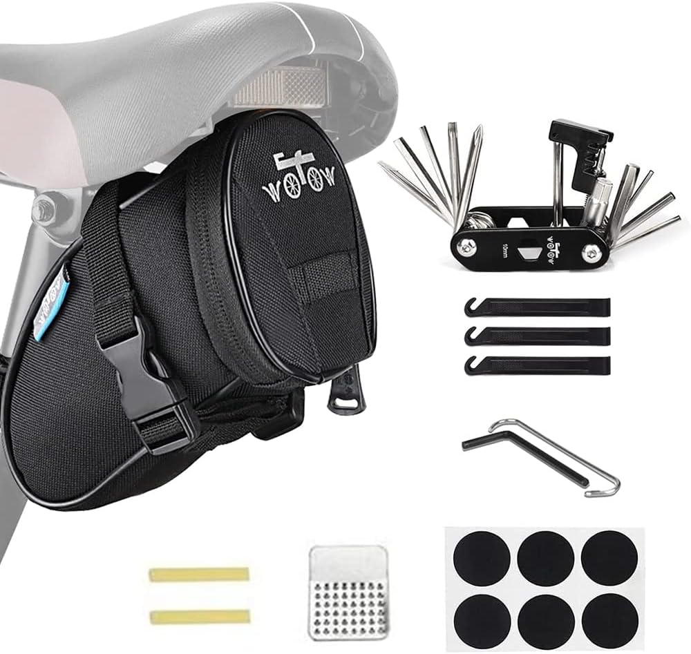 WOTOW Kit de herramientas de reparación de bicicletas y bolsa de sillín de bicicleta, herramienta de cadena de bicicleta 14 en 1, llave hexagonal,