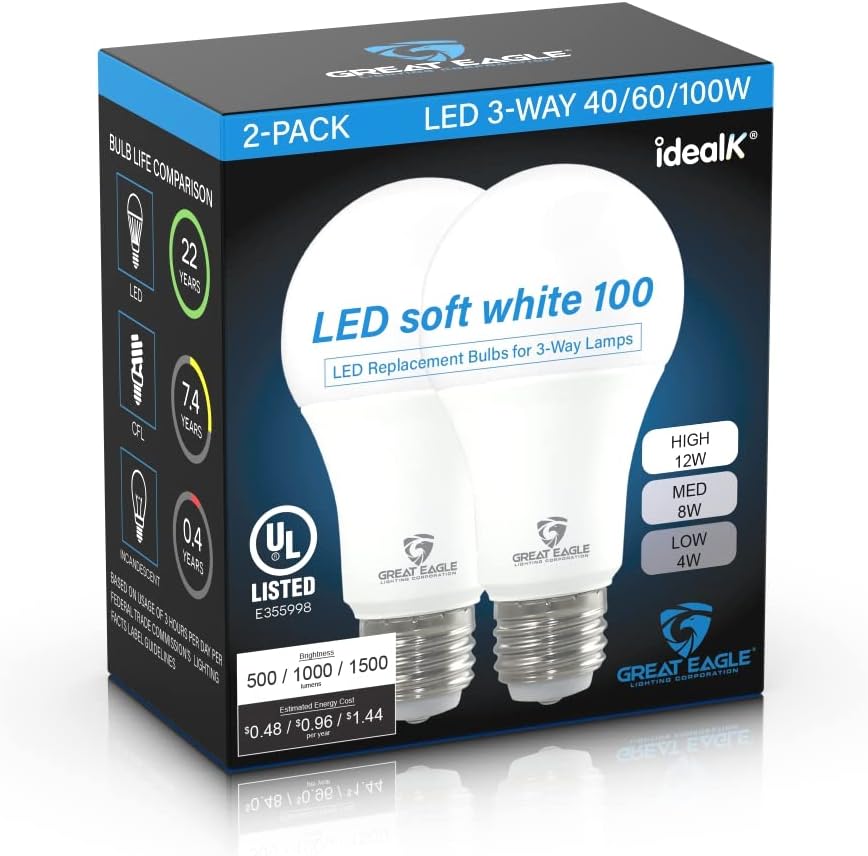 Great Eagle Lighting Corporation Bombilla LED A19 de 3 vías equivalente a 4060100 W, 3000 K, color blanco suave (paquete de 2)