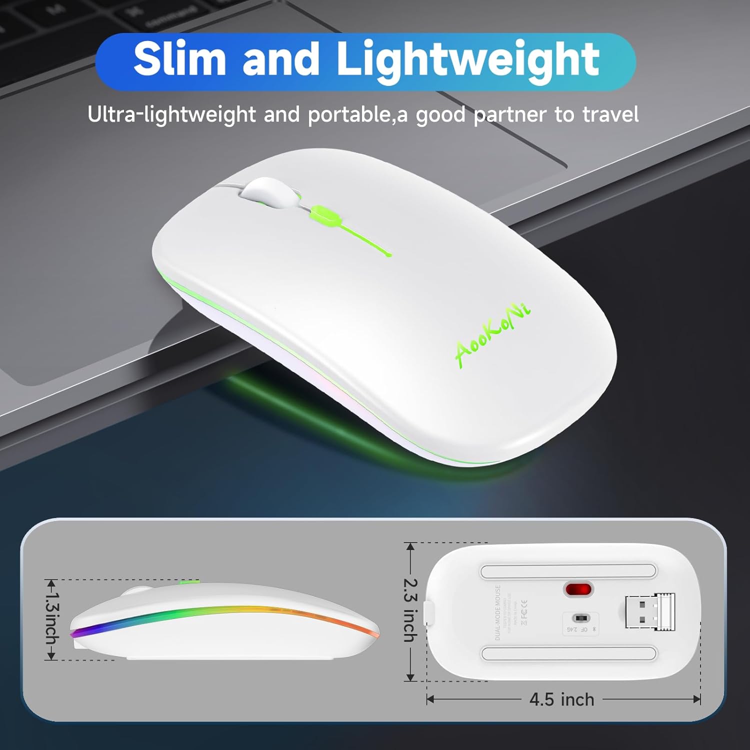 mobiproduct Ratón inalámbrico, LED de modo dual recargable (Bluetooth 5.2 y 2.4G) mouse delgado y silencioso para laptop, PC, computadora,