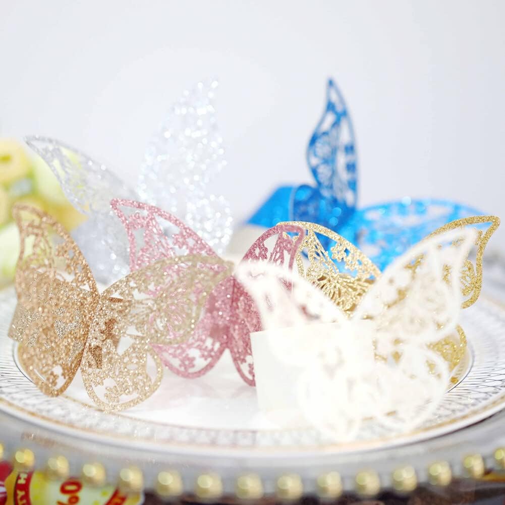 Juego de 50 servilleteros de papel de mariposa 3D, servilleteros de papel de aluminio huecos, hebillas de servileta, decoraciones de mesa para