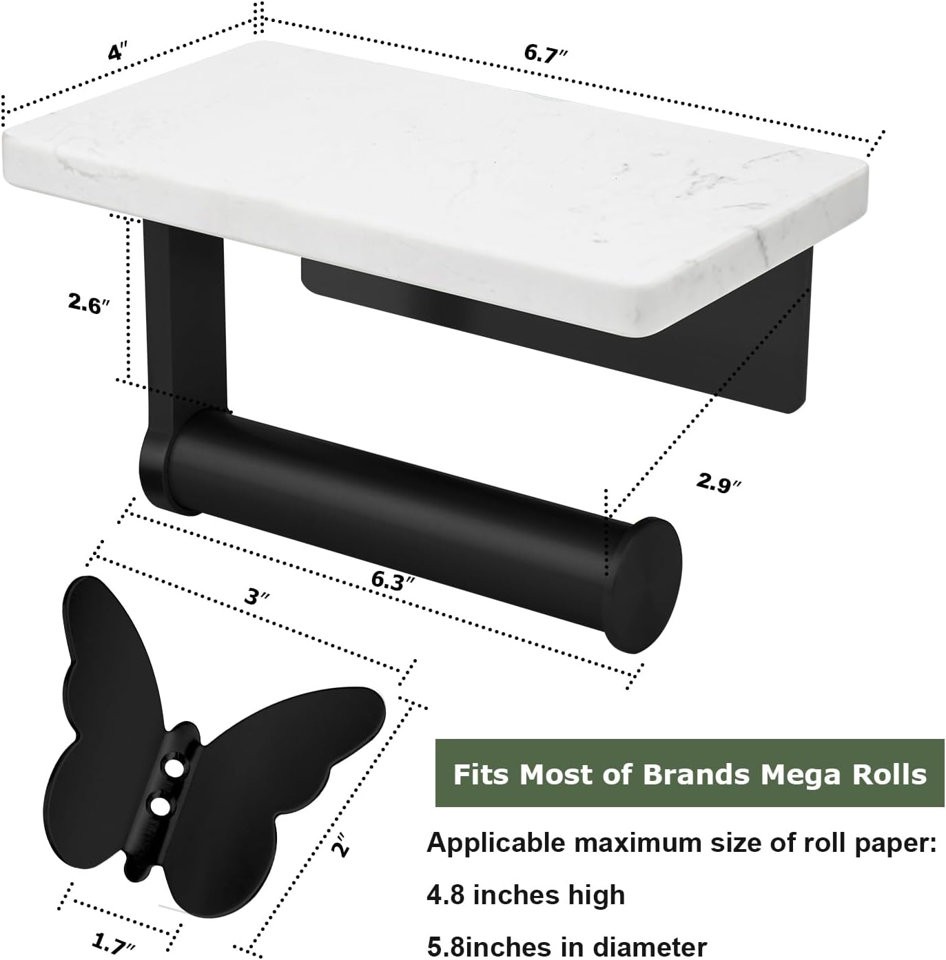 LuDoDo Portarrollos de papel higiénico negro mate con estante de mármol, soporte para rollo de papel higiénico montado en la pared para baño y baño