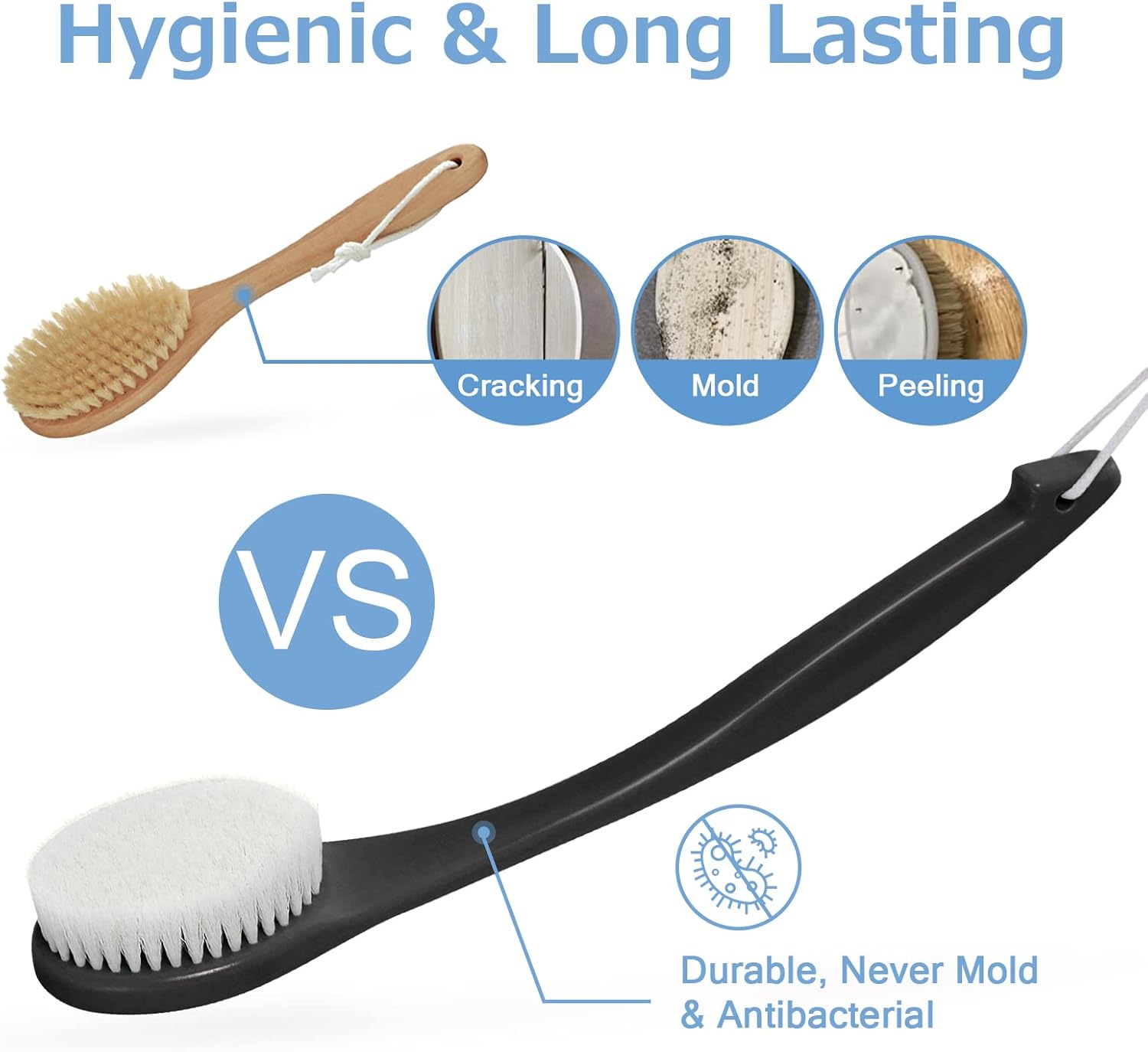 Cepillo de espalda de mango largo para ducha, depurador de cerdas suaves para la ducha, ergonómico curvado de mango largo, cepillo de baño