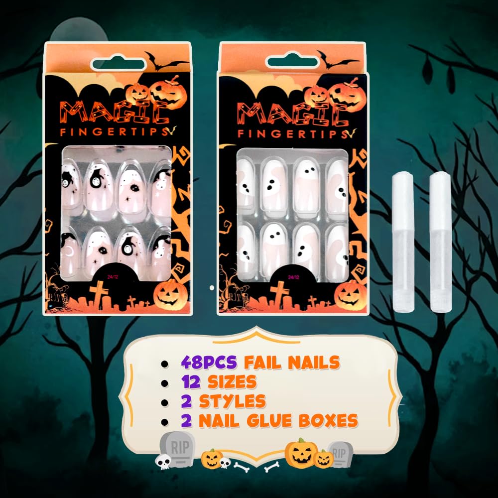 Juego de 48 piezas de pegamento de uñas color negro y rojo oscuro, uñas largas, fantasmas, góticas, uñas acrílicas ovaladas de aguja de almendra,