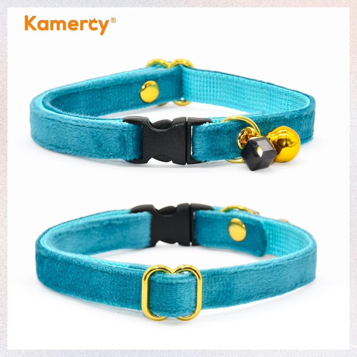 Collares para gatos, collar de terciopelo turquesa para gato, collar de gato con dijes y campana, collar de seguridad para gatos