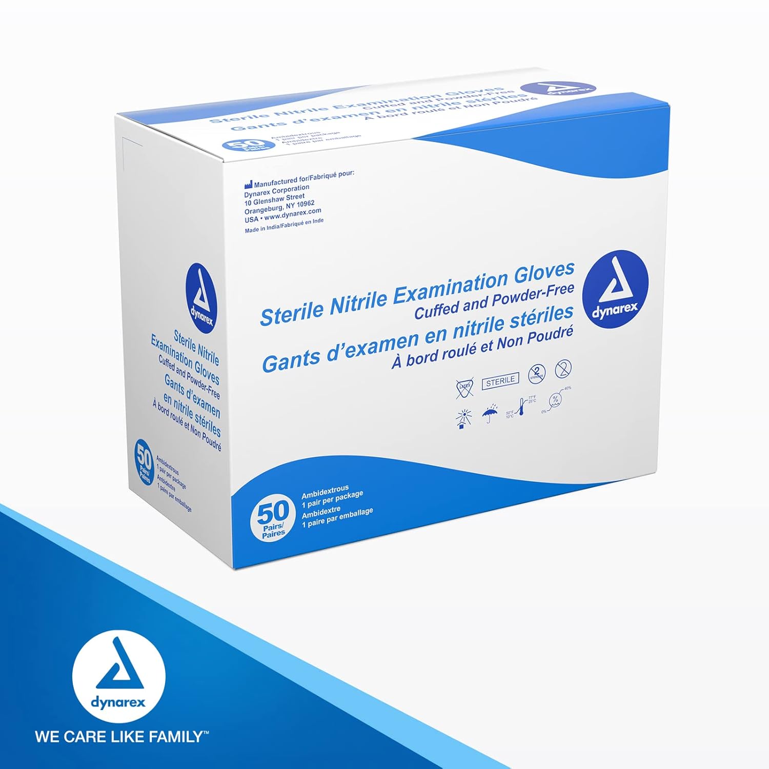 Dynarex Guantes quirúrgicos de nitrilo desechables estériles, sin polvo, empaquetados individualmente en pares, palmas texturizadas, azul, mediano,