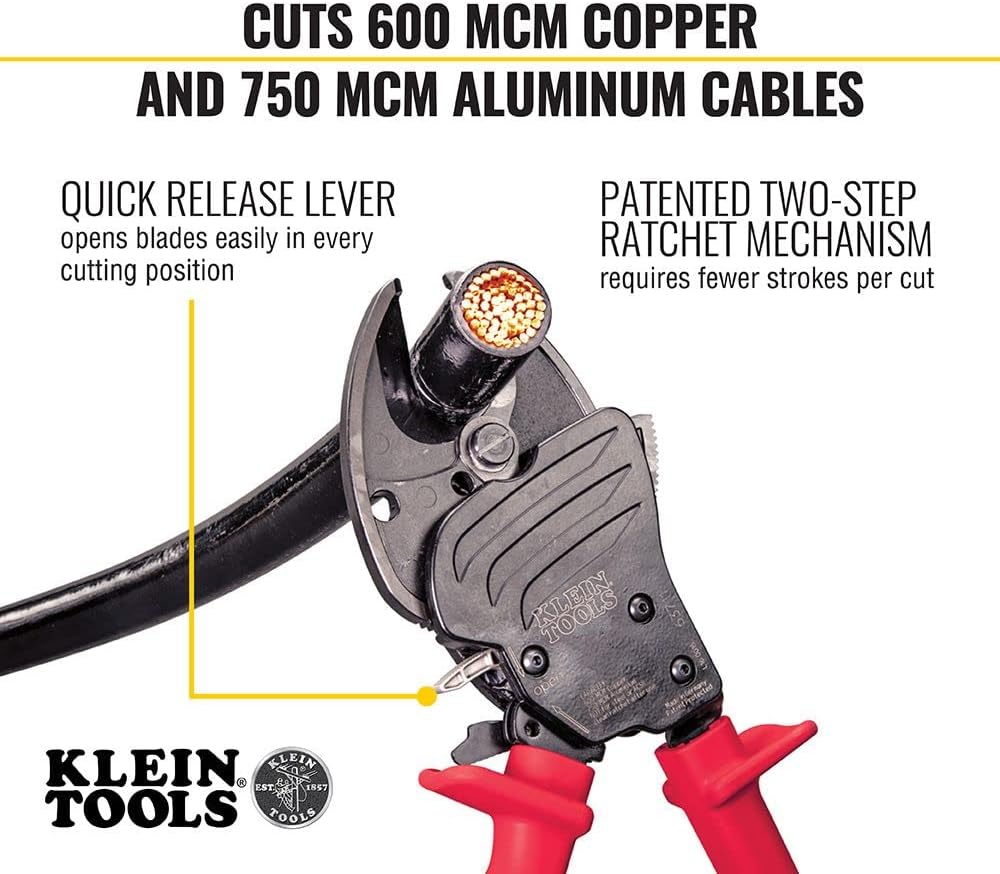 Klein Tools 63711 Cortador de cable de alambre con mordazas de carga frontal abierta corta cobre 600 MCM, aluminio 750 MCM
