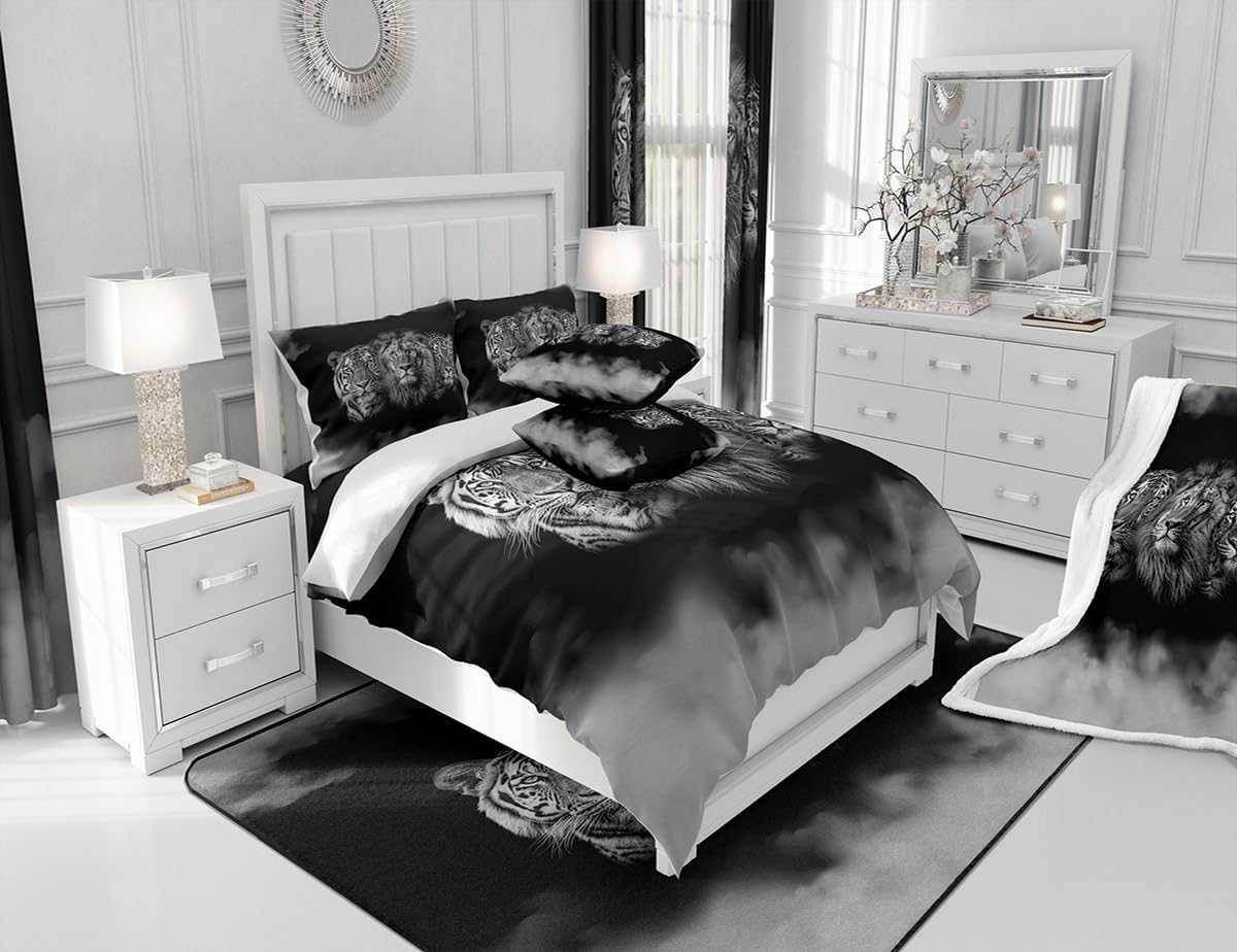 Juego de edredón de animales salvajes, tamaño Queen, juego de ropa de cama 3D de tigre, león, leopardo, 3 piezas para niños y hombres, decoración