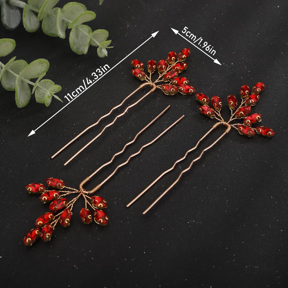 Juego de 3 horquillas de cristal para novia, con diamantes de imitación rojos, accesorios para el cabello para novia, hechos a mano, rojo, azul,