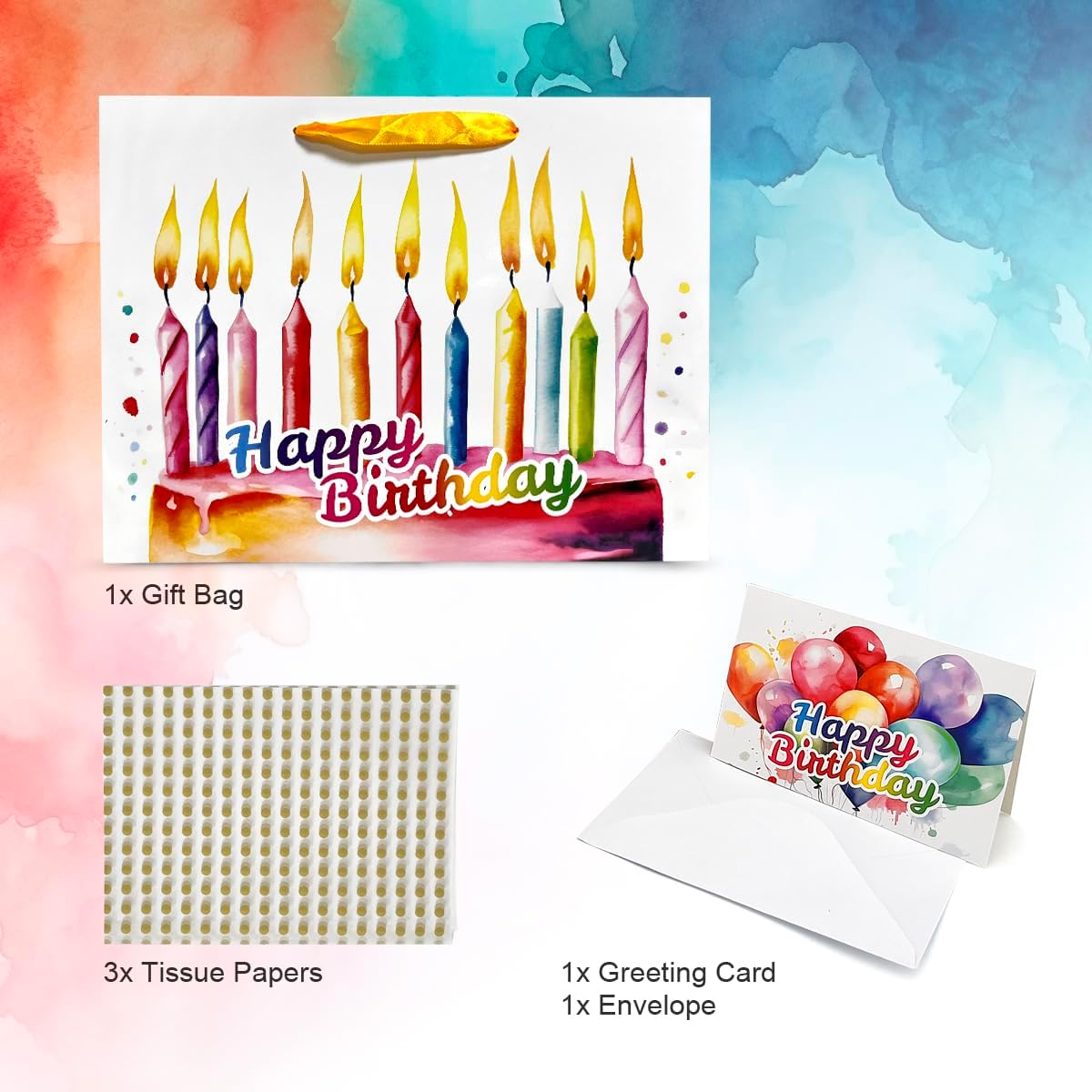 AlsterPlus+ Bolsa de regalo de cumpleaños grande de 13 pulgadas con papel de seda, bolsa de regalo de papel con asas, tarjeta de felicitación y