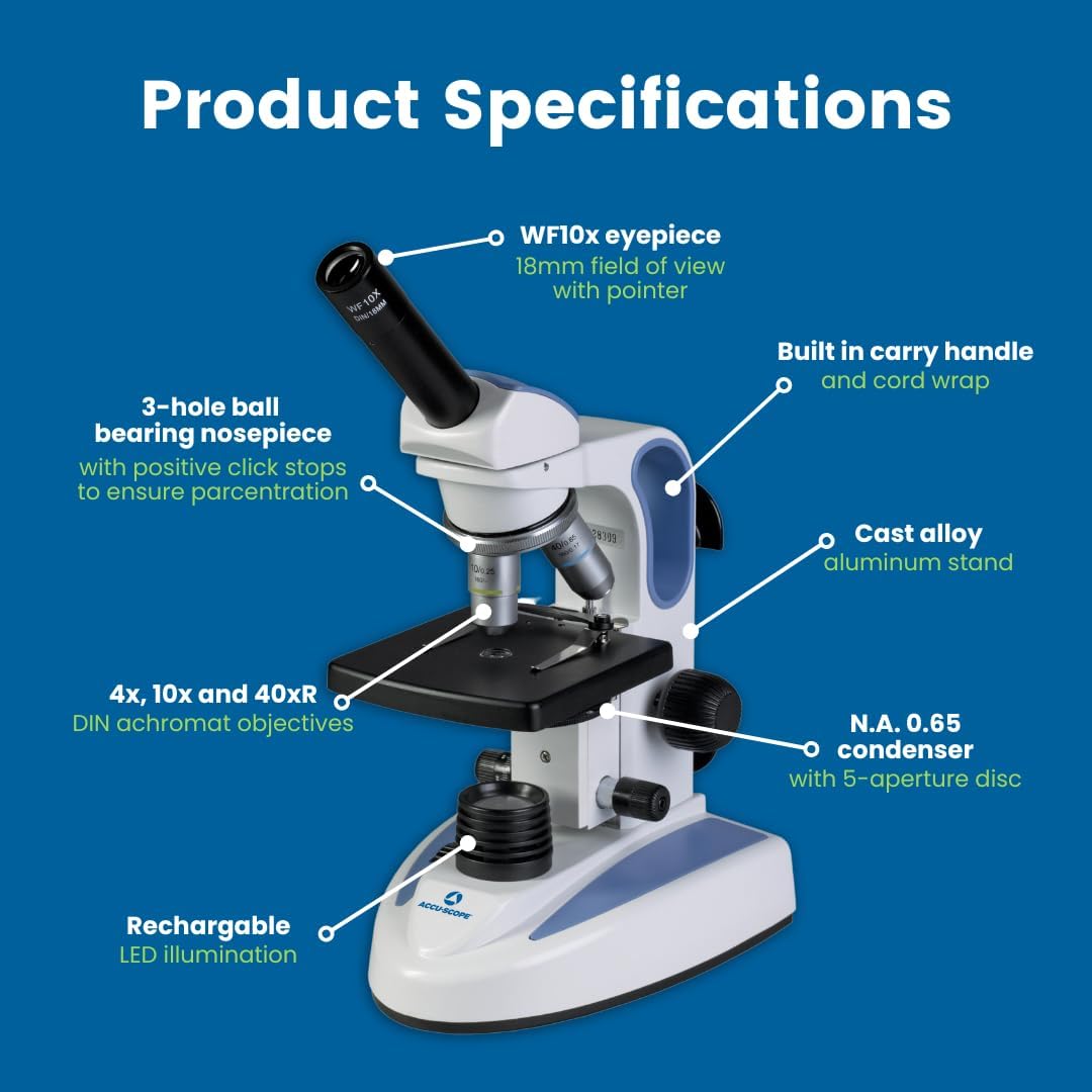 Accu-Scope Microscopio compuesto EXM-150 – Cabeza monocular, aumento 40-400X, diafragma de disco, iluminación LED inalámbrica, microscopio biológico
