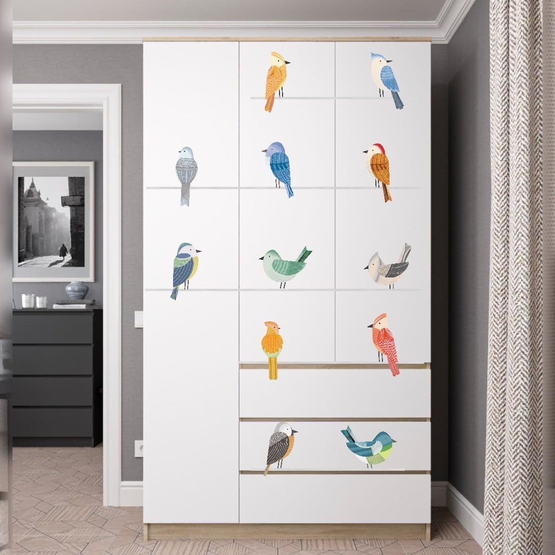 OLMIXA Vinilo decorativo de pared de pájaros grandes, diseño de pájaros en alambre, vinilo colorido con temática de naturaleza, arte de pared para