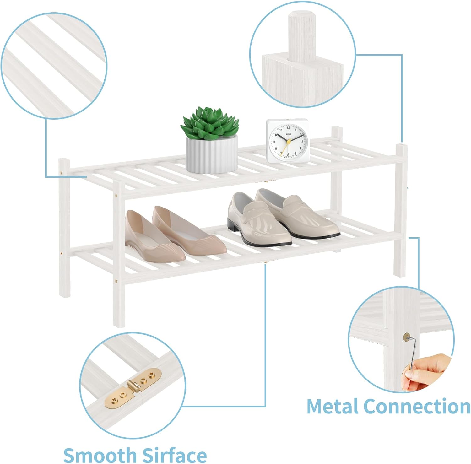 Zapatero de bambú natural de 2 niveles  Estante de almacenamiento apilable con combinaciones multifunción  Zapateros independientes para una cómoda
