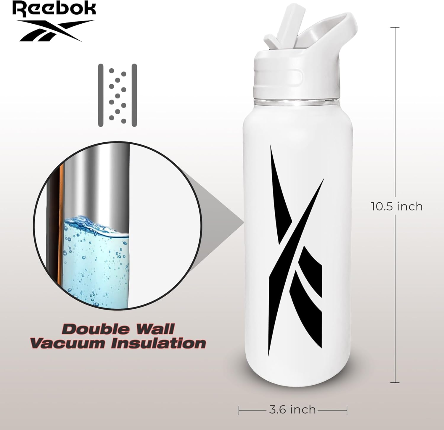 Reebok Botella de agua de acero inoxidable con tapa de popote y diseño atlético, 32 onzas, botella de agua deportiva aislada al vacío de doble pared