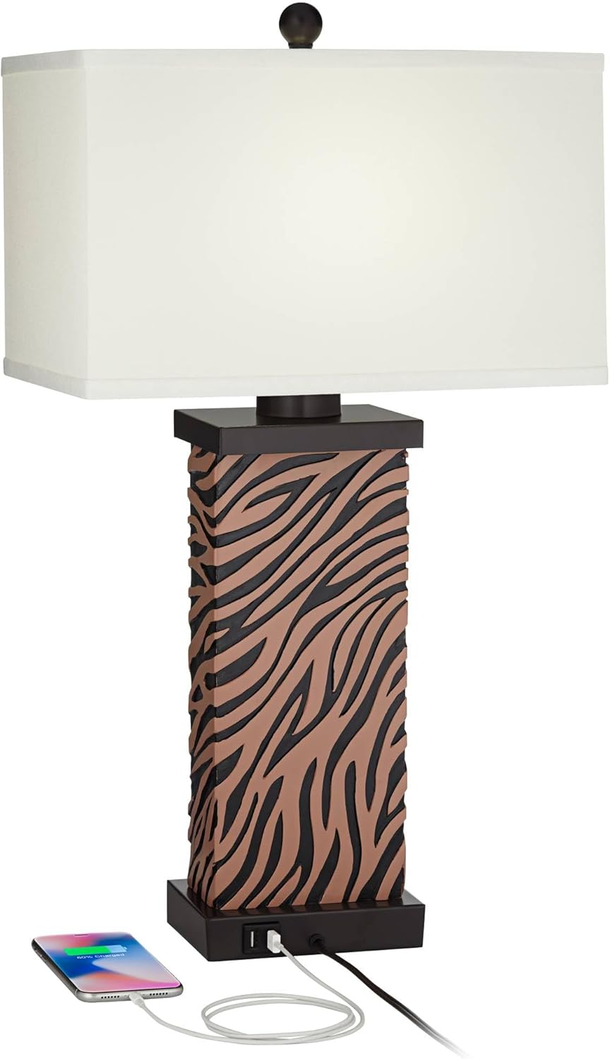 360 Lighting Juego de 2 lámparas de mesa modernas con puerto de carga USB de 27 pulgadas de alto, madera sintética de cebra, pantalla rectangular