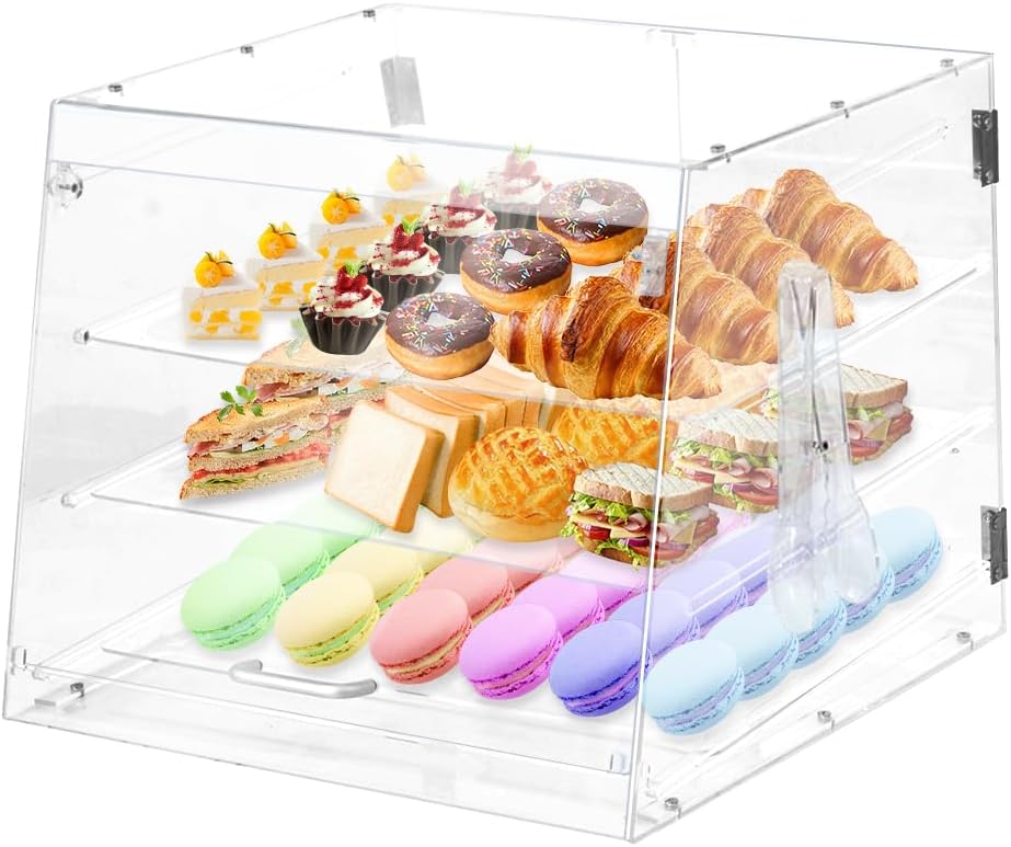 vitrina de pastelería de 3 niveles, vitrina de panadería extraíble con pinza para pan, vitrina de galletas de encimera comercial, acceso a la puerta