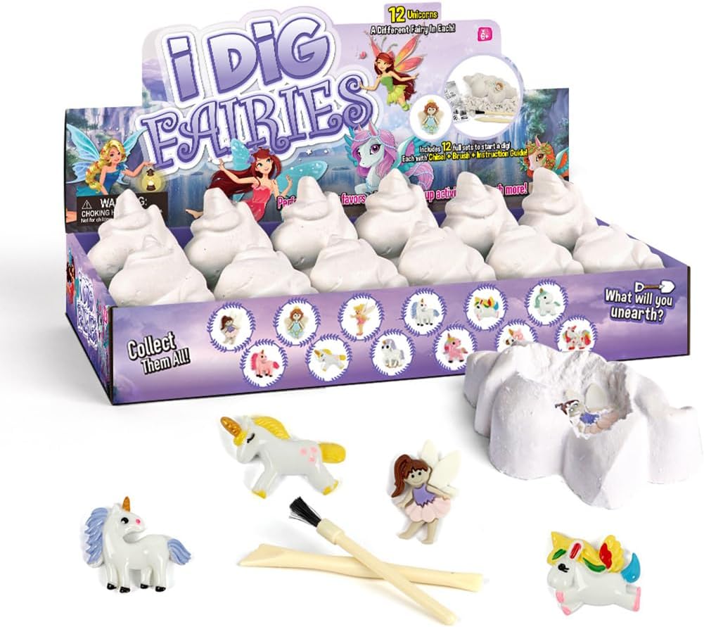 Paquete de 12 kits de excavación de hadas y unicornio para niños, aventura mágica encantada de excavación, recuerdos de fiesta ideales, juguetes
