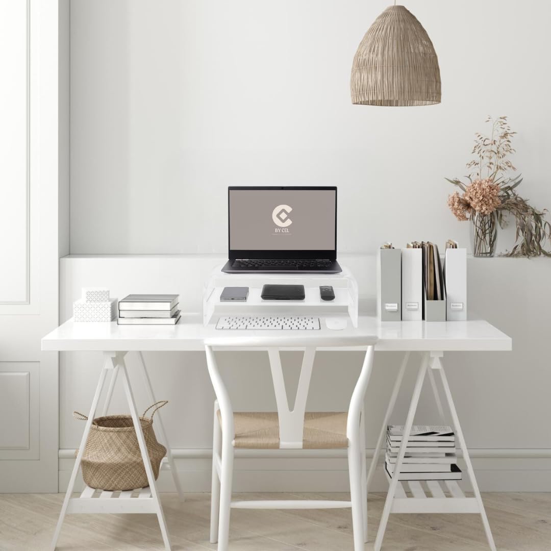 BY CEL Soporte de monitor acrílico prémium para escritorio, soporte transparente de 2 niveles para computadora portátil de 16 pulgadas, soporte