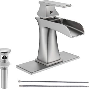FOUTLQ Grifo de baño tipo cascada de níquel cepillado de una sola manija, grifo de lavabo de baño de 1 o 3 agujeros con drenaje desplegable, FOUTLQ Grifo de baño tipo cascada de níquel cepillado de una sola manija, grifo de lavabo de baño de 1 o 3 agujeros con drenaje desplegable,