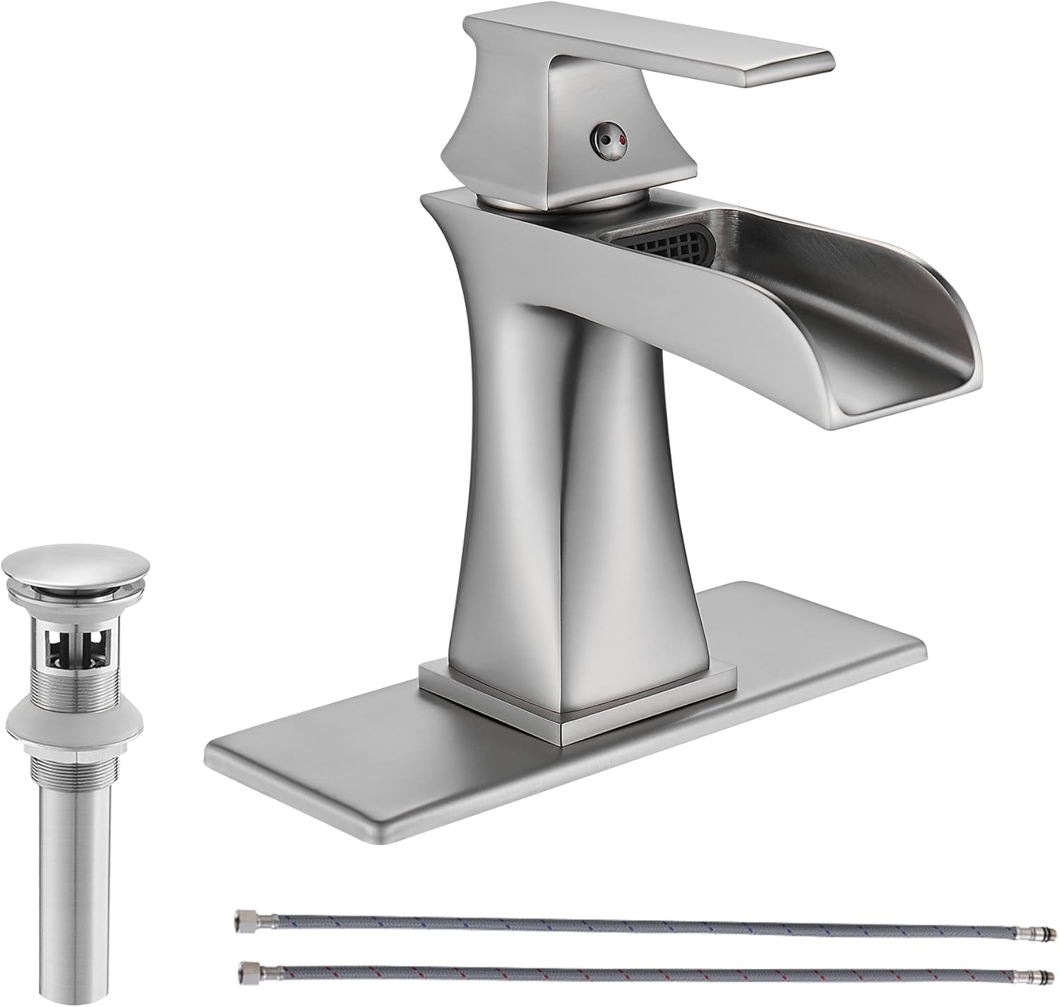 FOUTLQ Grifo de baño tipo cascada de níquel cepillado de una sola manija, grifo de lavabo de baño de 1 o 3 agujeros con drenaje desplegable,