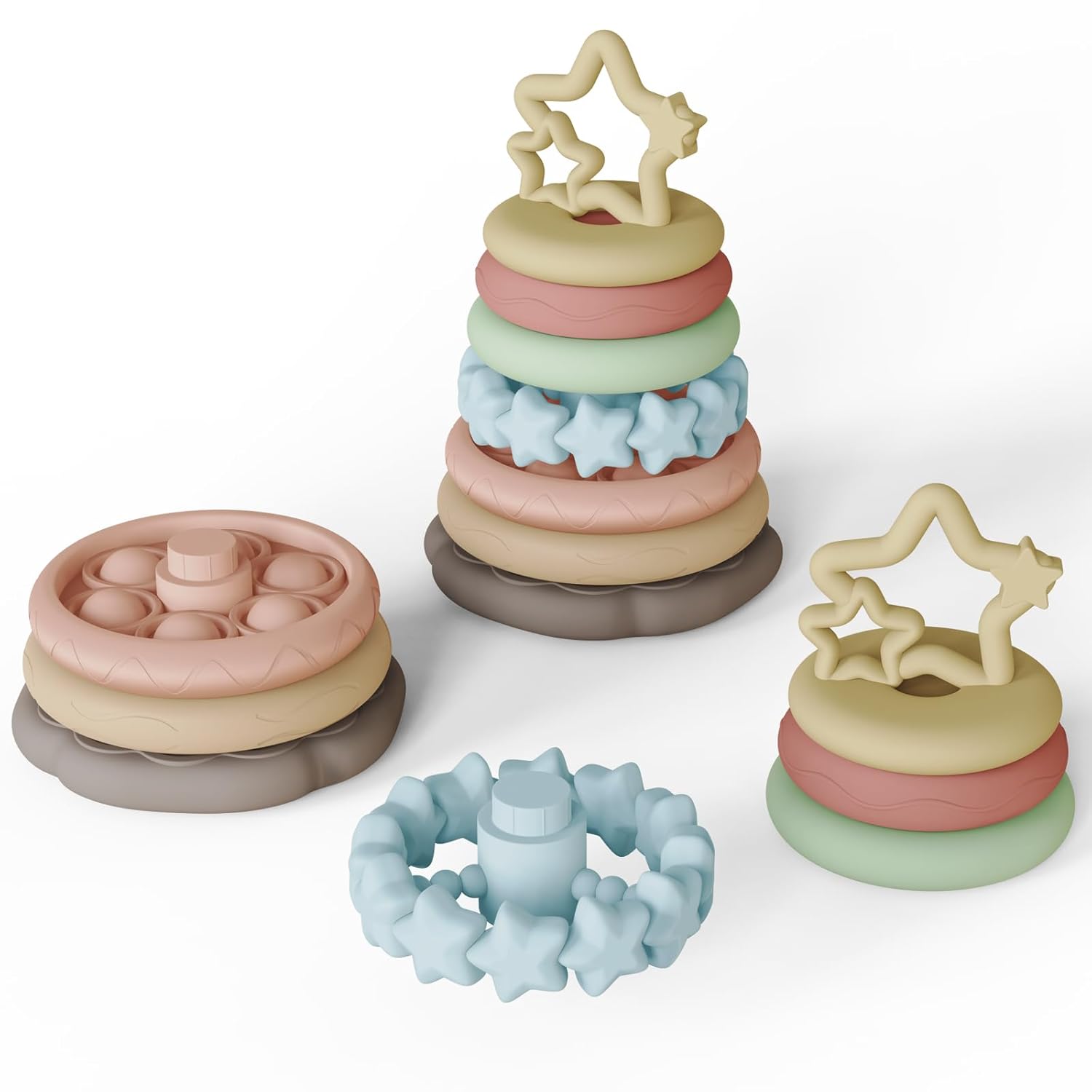 Juguetes sensoriales para la dentición del bebé, anillos apilables para niños de 1, 2 y un año, juego de 7 piezas de mordedor para bebés, regalos de