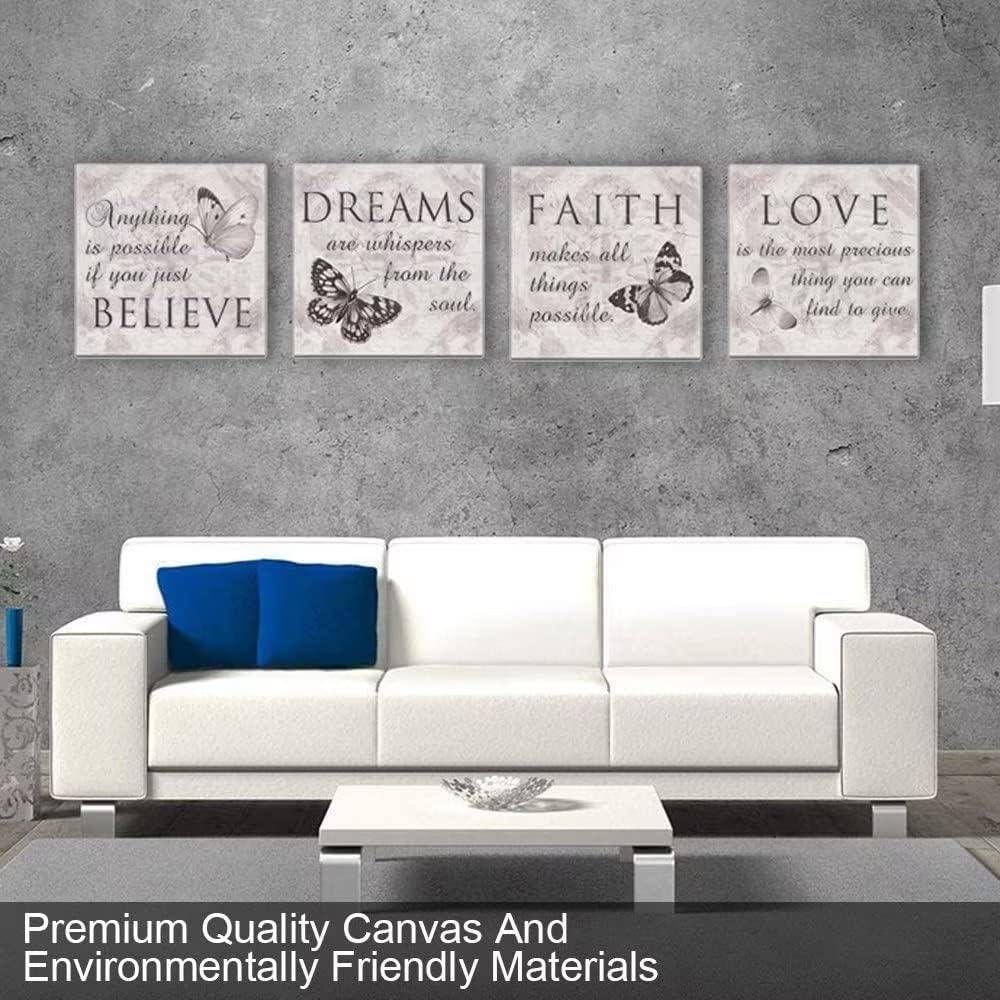 HDQ Art Lienzo inspirador familiar de mariposas en blanco y negro con citas de amor, sueño, fe, creer, baño, oficina, decoración de pared, pósteres