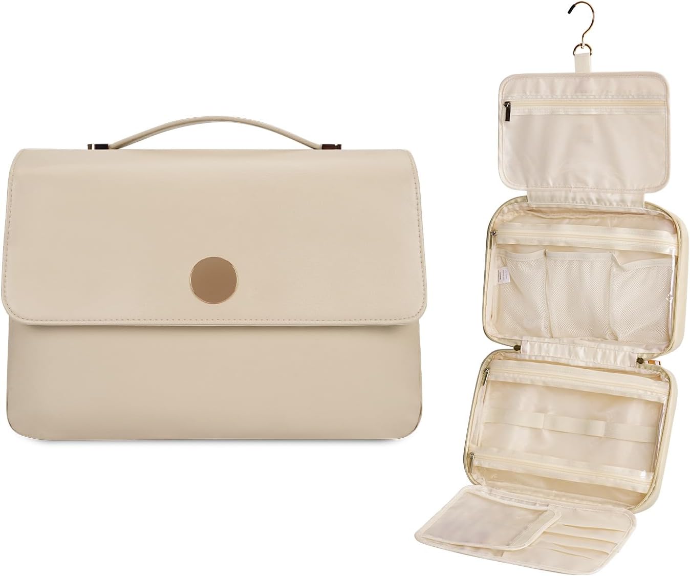 Neceser para mujer, organizador de maquillaje de viaje colgante con 4 compartimentos, piel sintética, impermeable, bolsa de cosméticos para