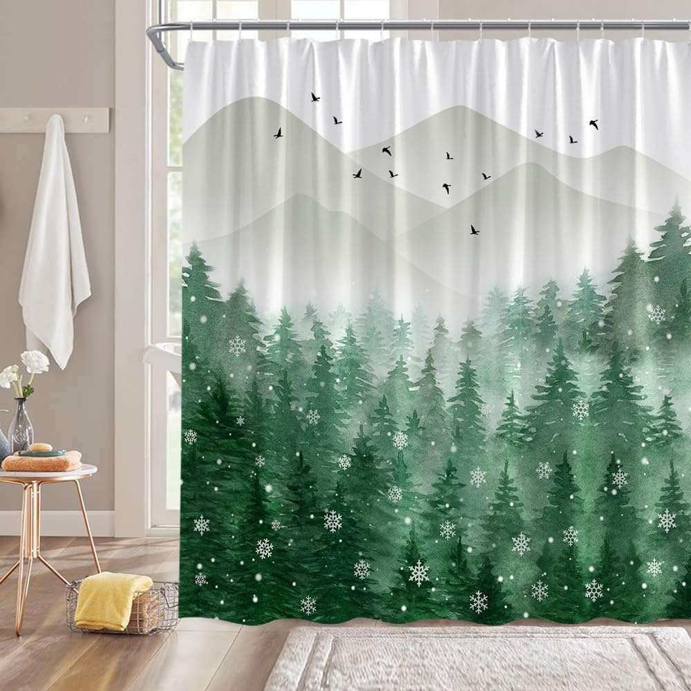Cortina de ducha de bosque brumoso, pino, acuarela, abstracta, niebla, montaña, verde, vegetal, rústico, misterioso, naturaleza, paisaje, decoración